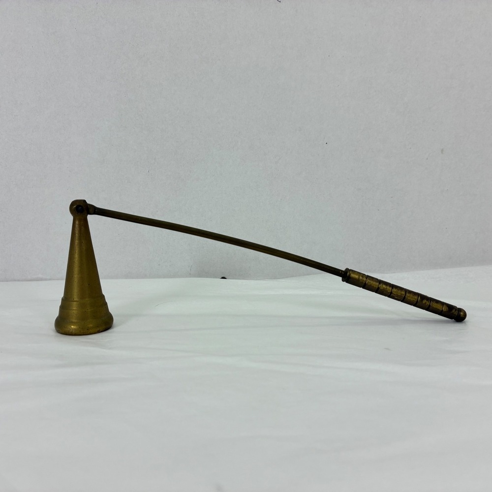 Vintage Brass Candle Snuffer Long Handle Hinged Cone Bell Extinguisher 11.25in
